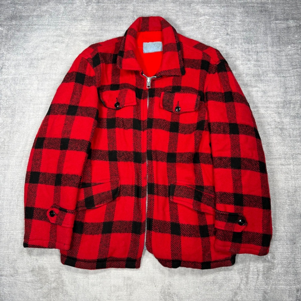 Vintage Buffalo Plaid Jacket Mens Large Red 1950s Wool Hunting Coat Lined